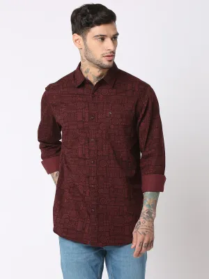 Spykar Men Wine Red Cotton Slim Fit Printed Shirts