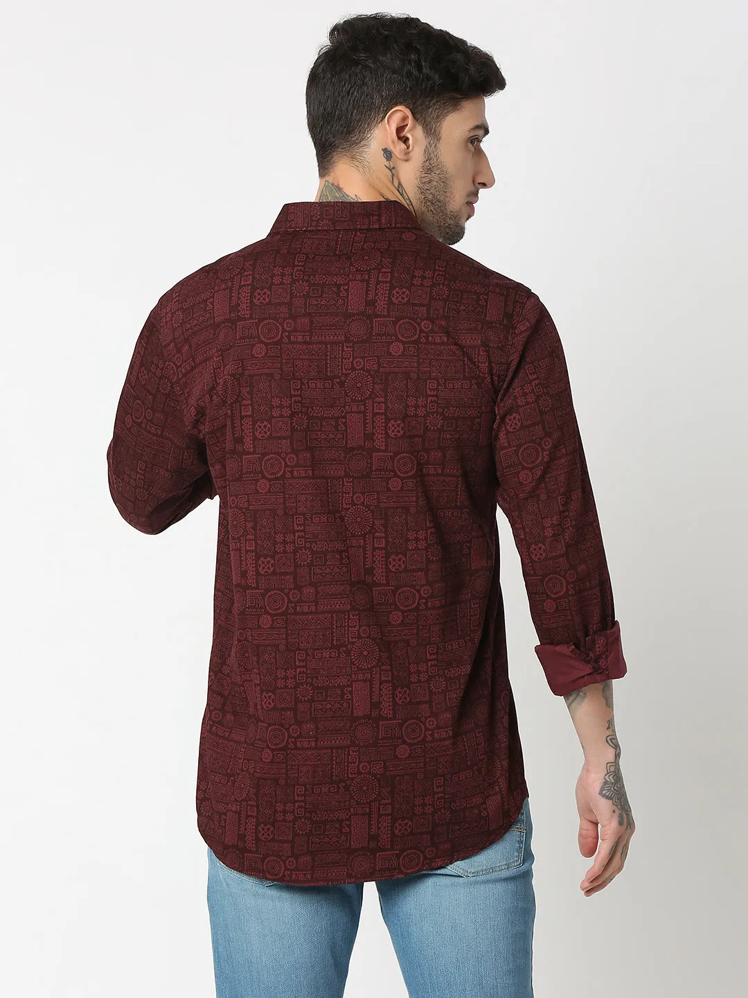 Spykar Men Wine Red Cotton Slim Fit Printed Shirts