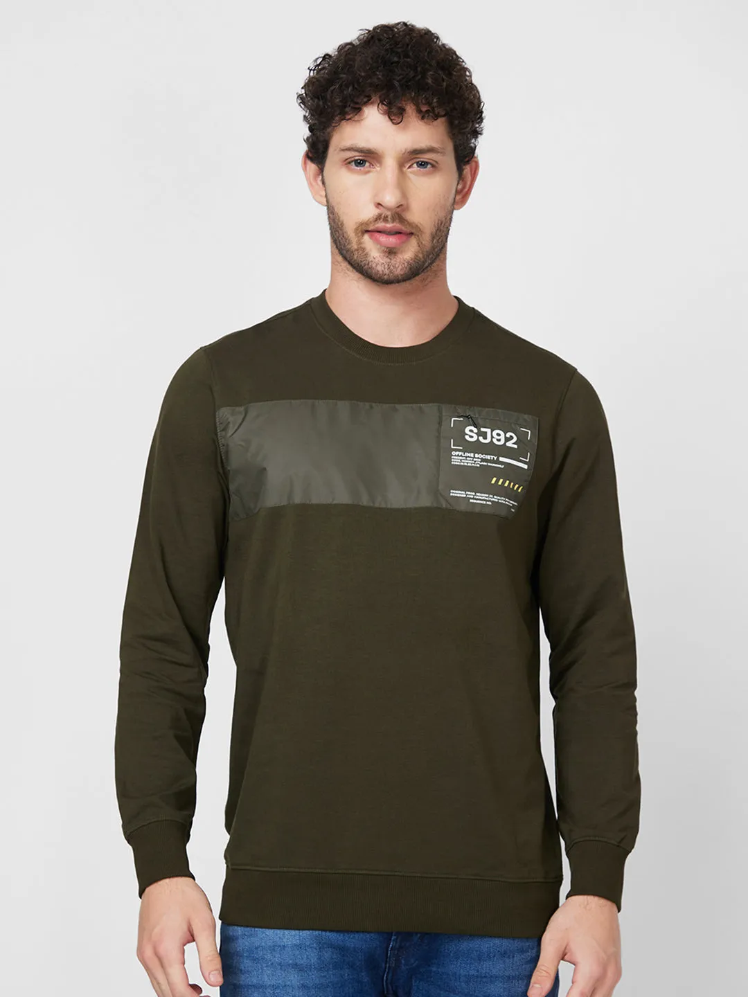 Spykar Slim Fit Round Neck Full Sleeve Green Sweatshirt For Men