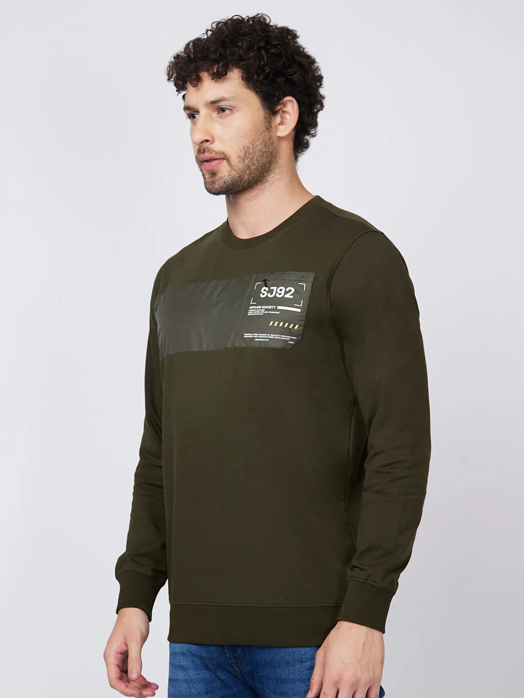 Spykar Slim Fit Round Neck Full Sleeve Green Sweatshirt For Men