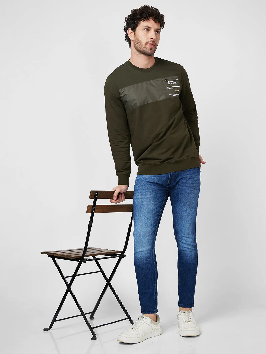 Spykar Slim Fit Round Neck Full Sleeve Green Sweatshirt For Men