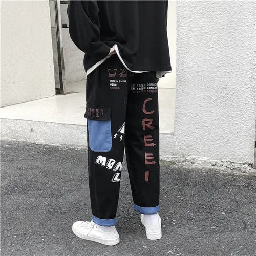 Straight Denim Jeans Men Graphic Printed Jeans 2021 Streetwear  Jeans Man Wildleg Pants Hip Hop Korean Harajuku Fashion Pants