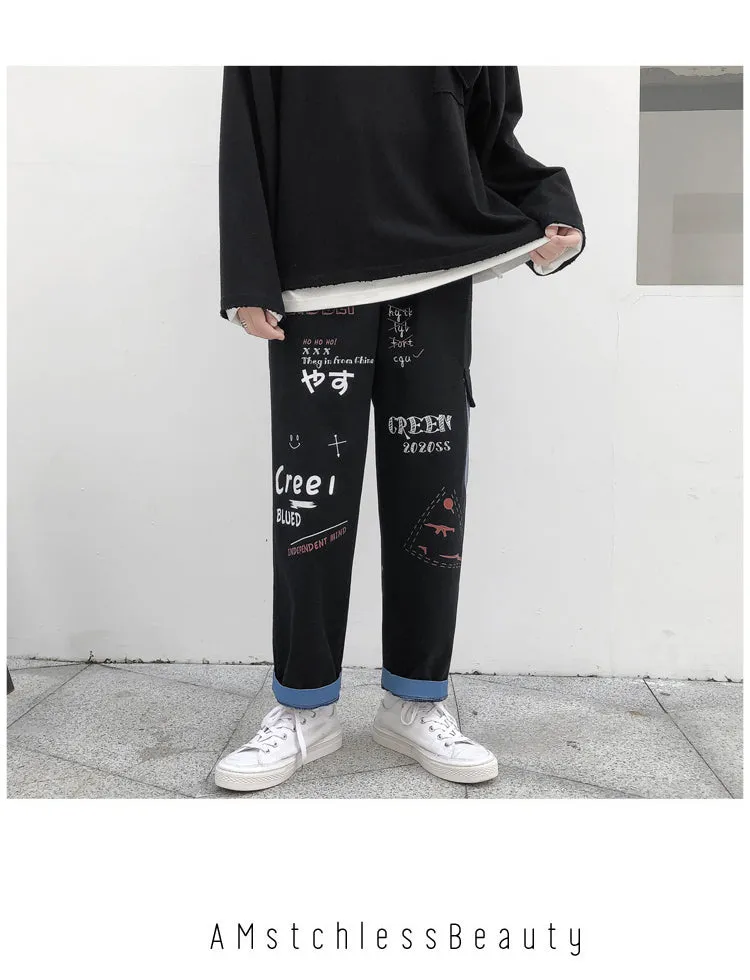 Straight Denim Jeans Men Graphic Printed Jeans 2021 Streetwear  Jeans Man Wildleg Pants Hip Hop Korean Harajuku Fashion Pants