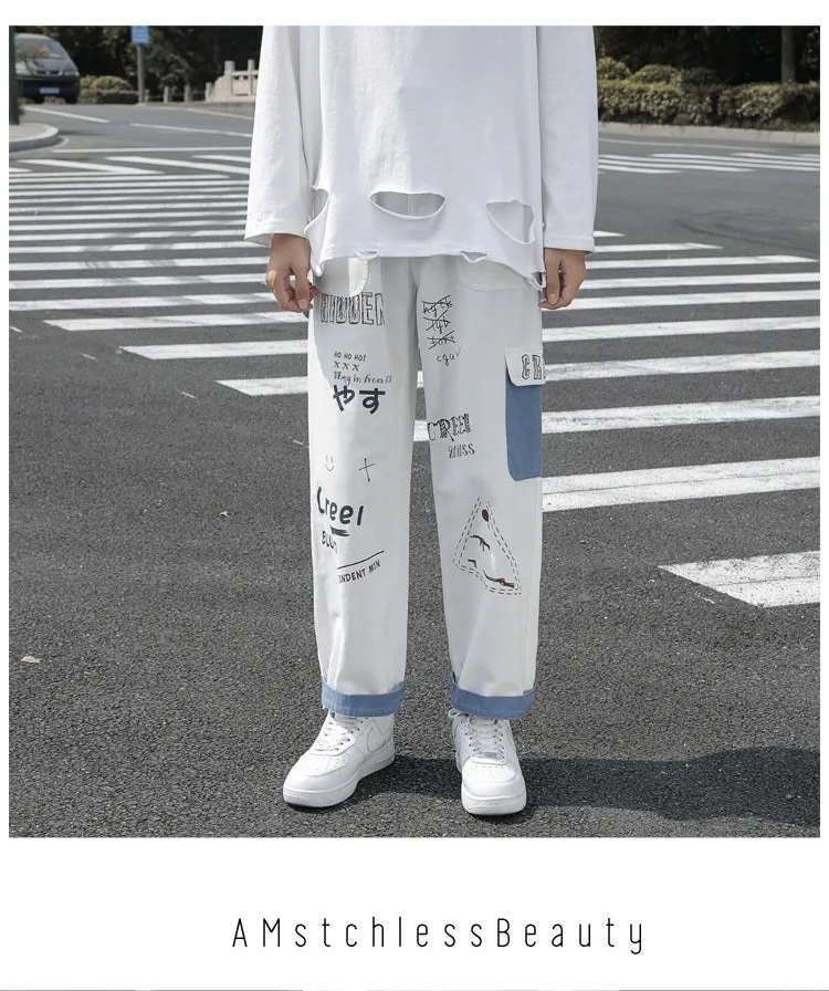 Straight Denim Jeans Men Graphic Printed Jeans 2021 Streetwear  Jeans Man Wildleg Pants Hip Hop Korean Harajuku Fashion Pants