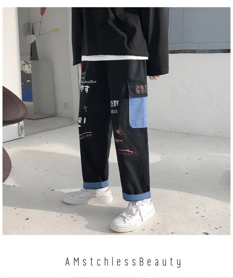 Straight Denim Jeans Men Graphic Printed Jeans 2021 Streetwear  Jeans Man Wildleg Pants Hip Hop Korean Harajuku Fashion Pants