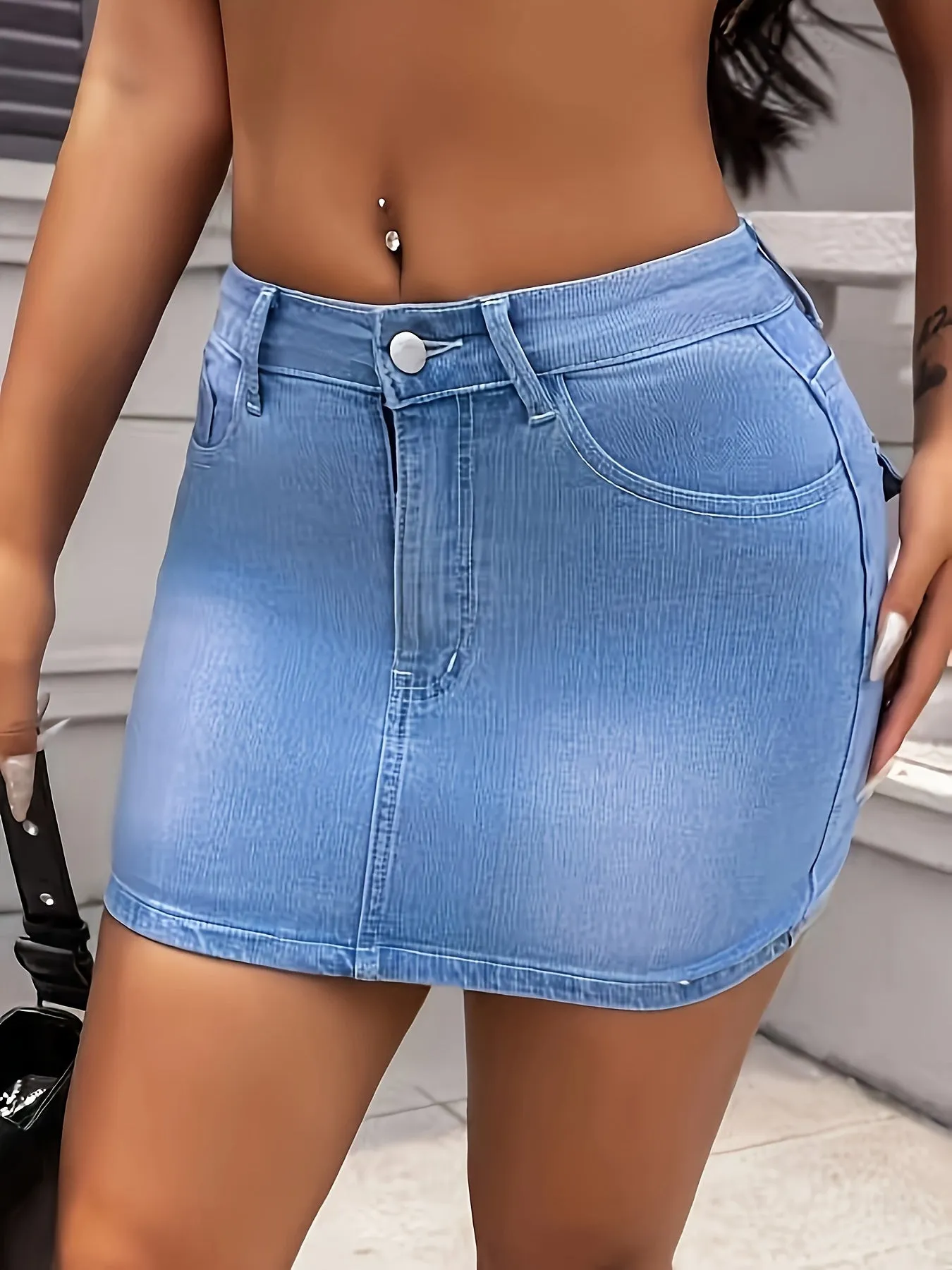 Stretchy High-Waisted Bodycon Mini Jean Skirt with Pockets - Women Denim Skirts - Comfortable Casual Style, Flattering Fit, Soft Fabric, and Convenient Pockets for Daily Wear