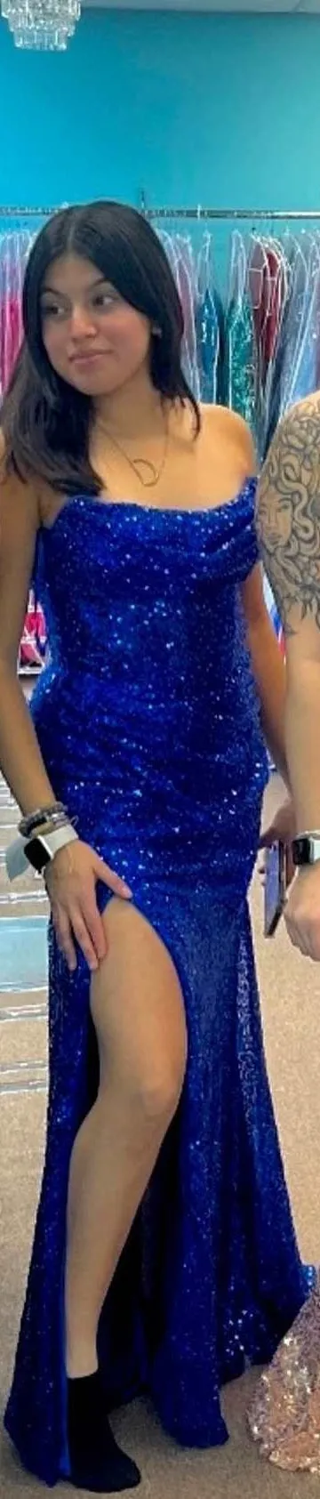 Stunning Sequins Royal Blue Mermaid Long Prom Dress with Slit,Black Holiday Party Dress