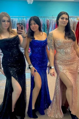 Stunning Sequins Royal Blue Mermaid Long Prom Dress with Slit,Black Holiday Party Dress