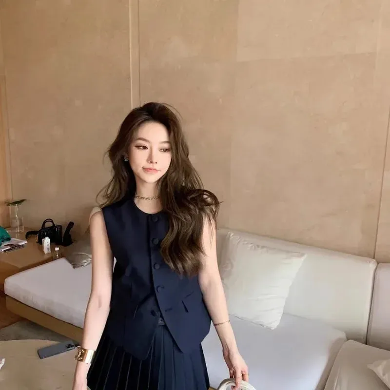 Summer 2024 Two Piece Sets Round Neck Sleeveless Vest Tops High Waist Pleated A-line Mini Skirt Samlll Fragrance Women Suits