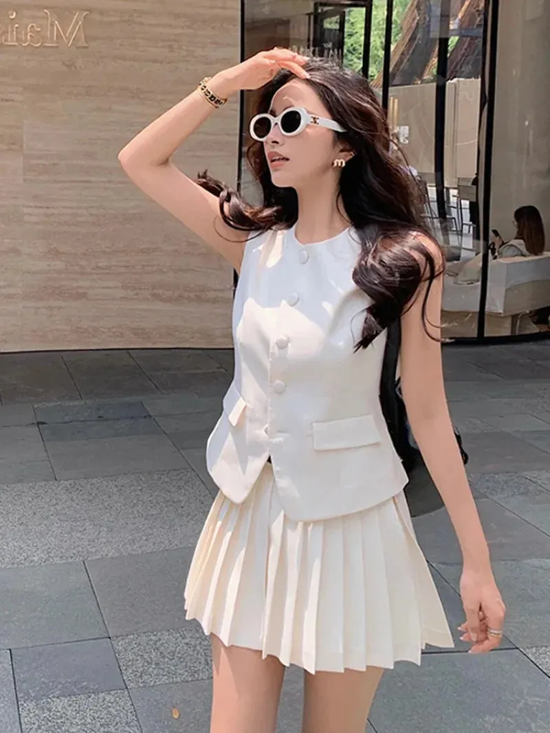 Summer 2024 Two Piece Sets Round Neck Sleeveless Vest Tops High Waist Pleated A-line Mini Skirt Samlll Fragrance Women Suits