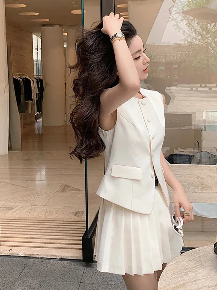 Summer 2024 Two Piece Sets Round Neck Sleeveless Vest Tops High Waist Pleated A-line Mini Skirt Samlll Fragrance Women Suits