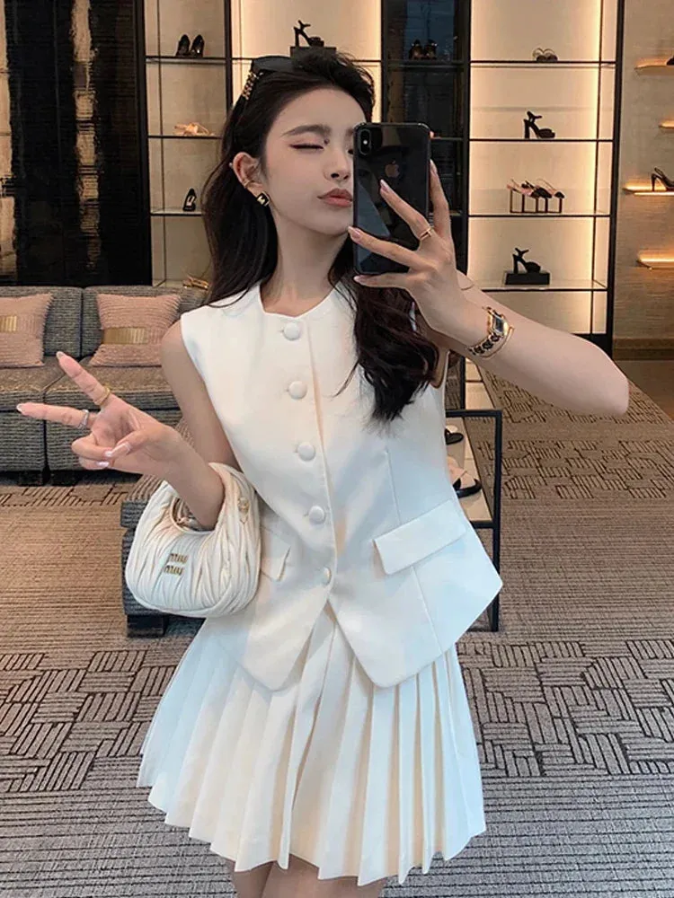 Summer 2024 Two Piece Sets Round Neck Sleeveless Vest Tops High Waist Pleated A-line Mini Skirt Samlll Fragrance Women Suits