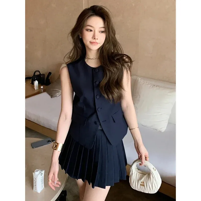 Summer 2024 Two Piece Sets Round Neck Sleeveless Vest Tops High Waist Pleated A-line Mini Skirt Samlll Fragrance Women Suits