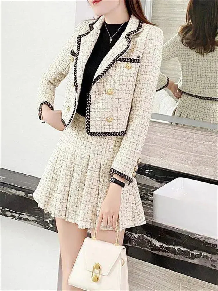 Summer new elegant Korean pop lapel leisure suit jacket skirt pleated skirt suit women squares two-piece casual clothes