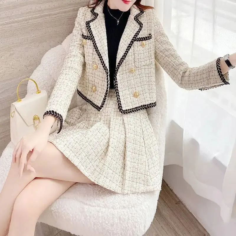 Summer new elegant Korean pop lapel leisure suit jacket skirt pleated skirt suit women squares two-piece casual clothes