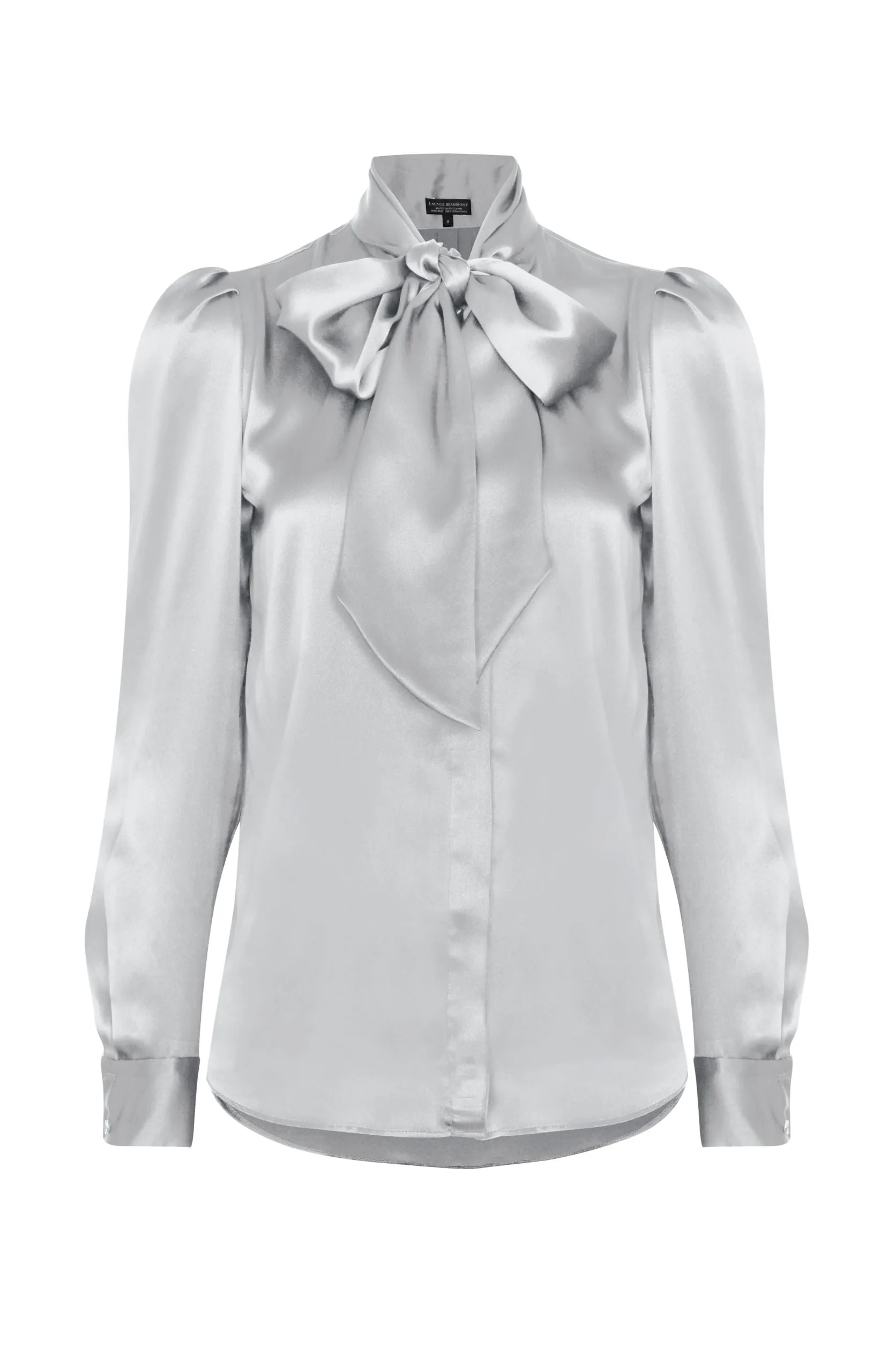 Tie-Neck Blouse in Pale Grey Silk Satin - Denisa