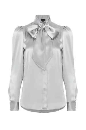 Tie-Neck Blouse in Pale Grey Silk Satin - Denisa