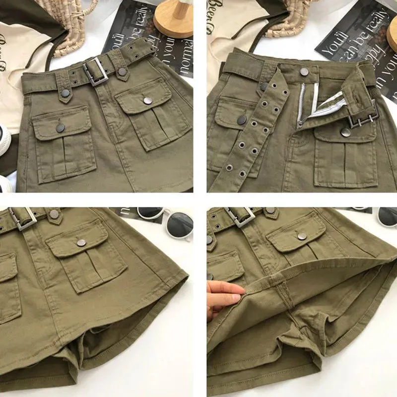 Toleet-Women's Vintage Green Denim Cargo Skirt Spring Summer 2023 Y2K Big Pocket Belt Mini Skirts Woman Korean High Waist Short Pants