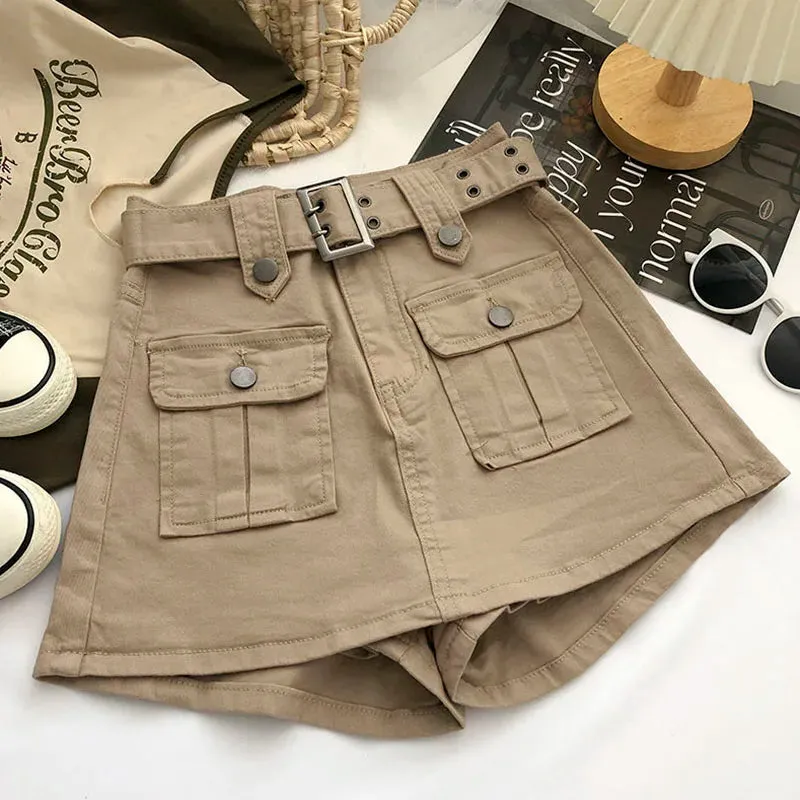 Toleet-Women's Vintage Green Denim Cargo Skirt Spring Summer 2023 Y2K Big Pocket Belt Mini Skirts Woman Korean High Waist Short Pants