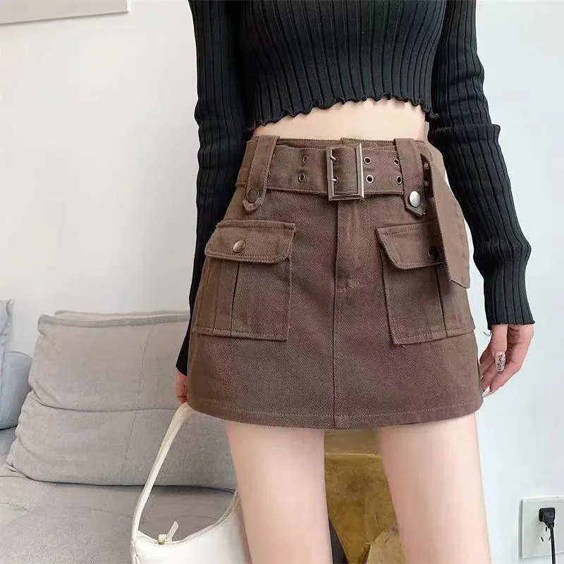 Toleet-Women's Vintage Green Denim Cargo Skirt Spring Summer 2023 Y2K Big Pocket Belt Mini Skirts Woman Korean High Waist Short Pants