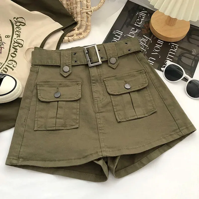 Toleet-Women's Vintage Green Denim Cargo Skirt Spring Summer 2023 Y2K Big Pocket Belt Mini Skirts Woman Korean High Waist Short Pants