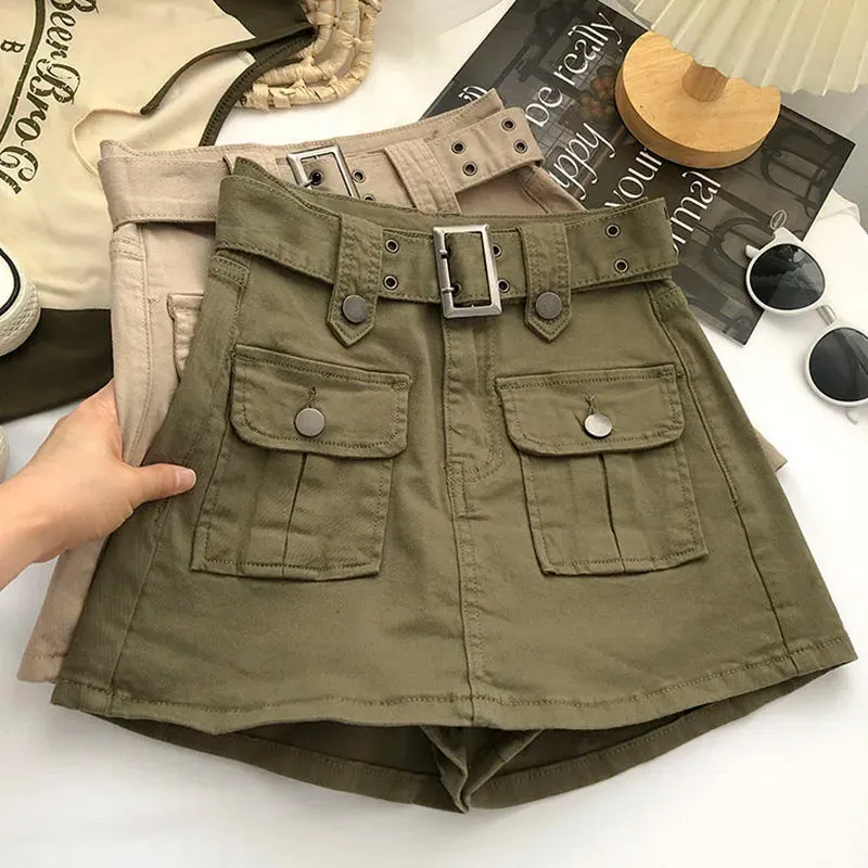 Toleet-Women's Vintage Green Denim Cargo Skirt Spring Summer 2023 Y2K Big Pocket Belt Mini Skirts Woman Korean High Waist Short Pants