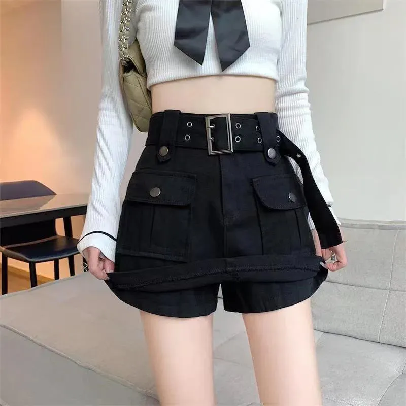 Toleet-Women's Vintage Green Denim Cargo Skirt Spring Summer 2023 Y2K Big Pocket Belt Mini Skirts Woman Korean High Waist Short Pants