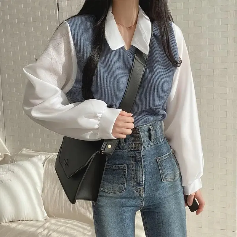 Toleet-Y2k Polo Collar False Two-piece Blouse Women Spring Casual Korean Shirt Vintage Loose Pullover Tops Long Sleeve Elegant Blouses