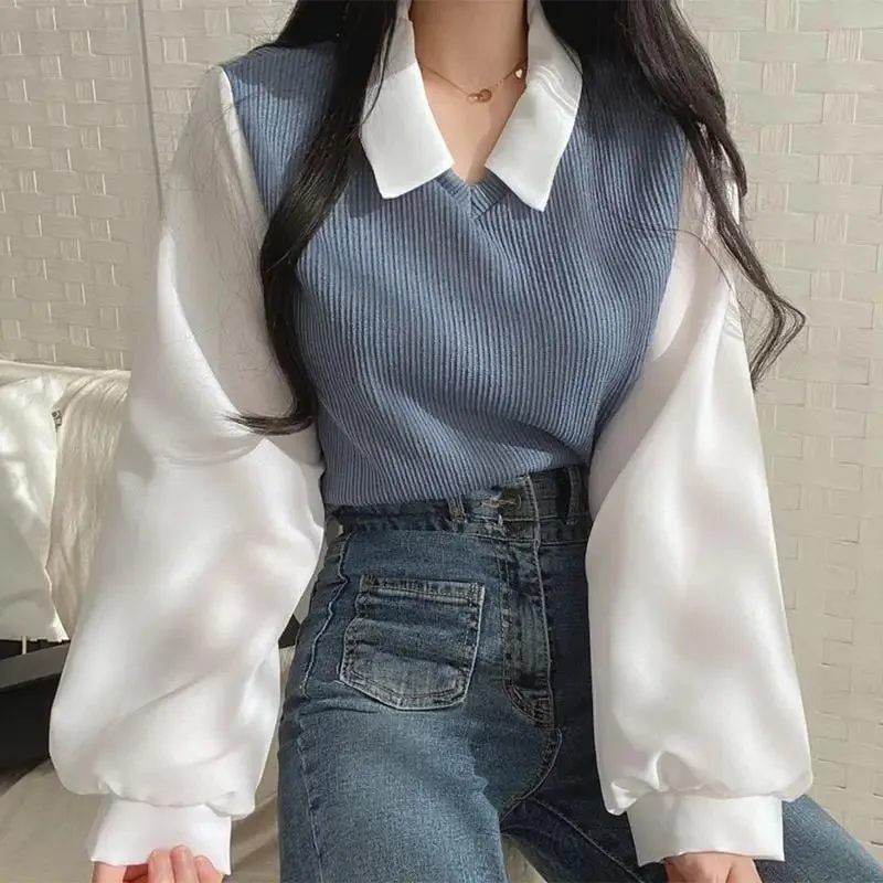 Toleet-Y2k Polo Collar False Two-piece Blouse Women Spring Casual Korean Shirt Vintage Loose Pullover Tops Long Sleeve Elegant Blouses