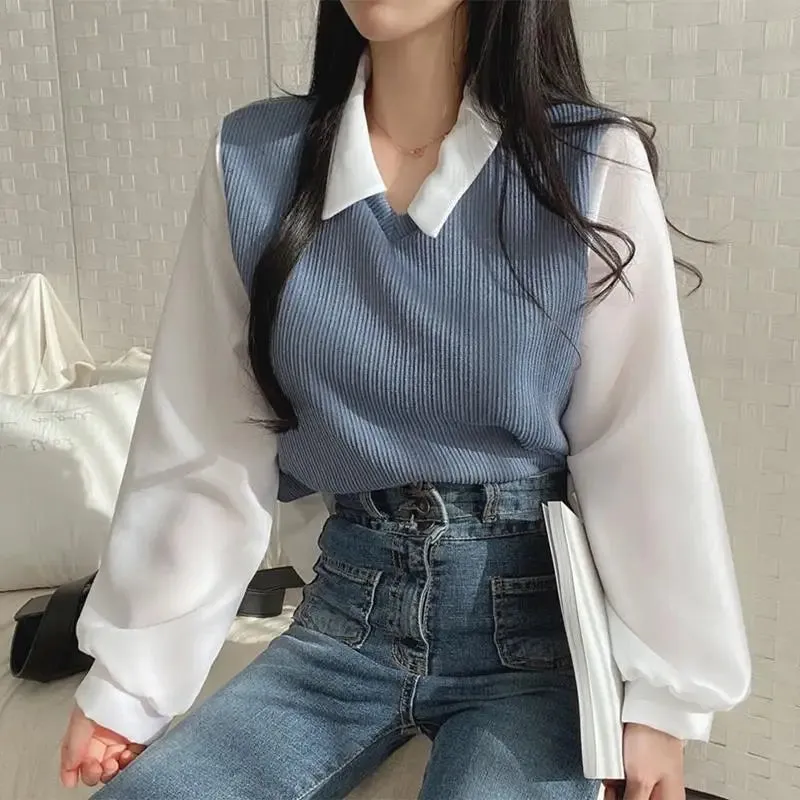 Toleet-Y2k Polo Collar False Two-piece Blouse Women Spring Casual Korean Shirt Vintage Loose Pullover Tops Long Sleeve Elegant Blouses