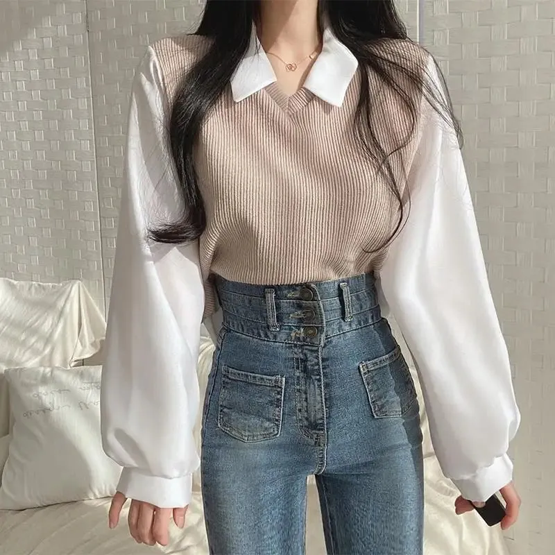 Toleet-Y2k Polo Collar False Two-piece Blouse Women Spring Casual Korean Shirt Vintage Loose Pullover Tops Long Sleeve Elegant Blouses