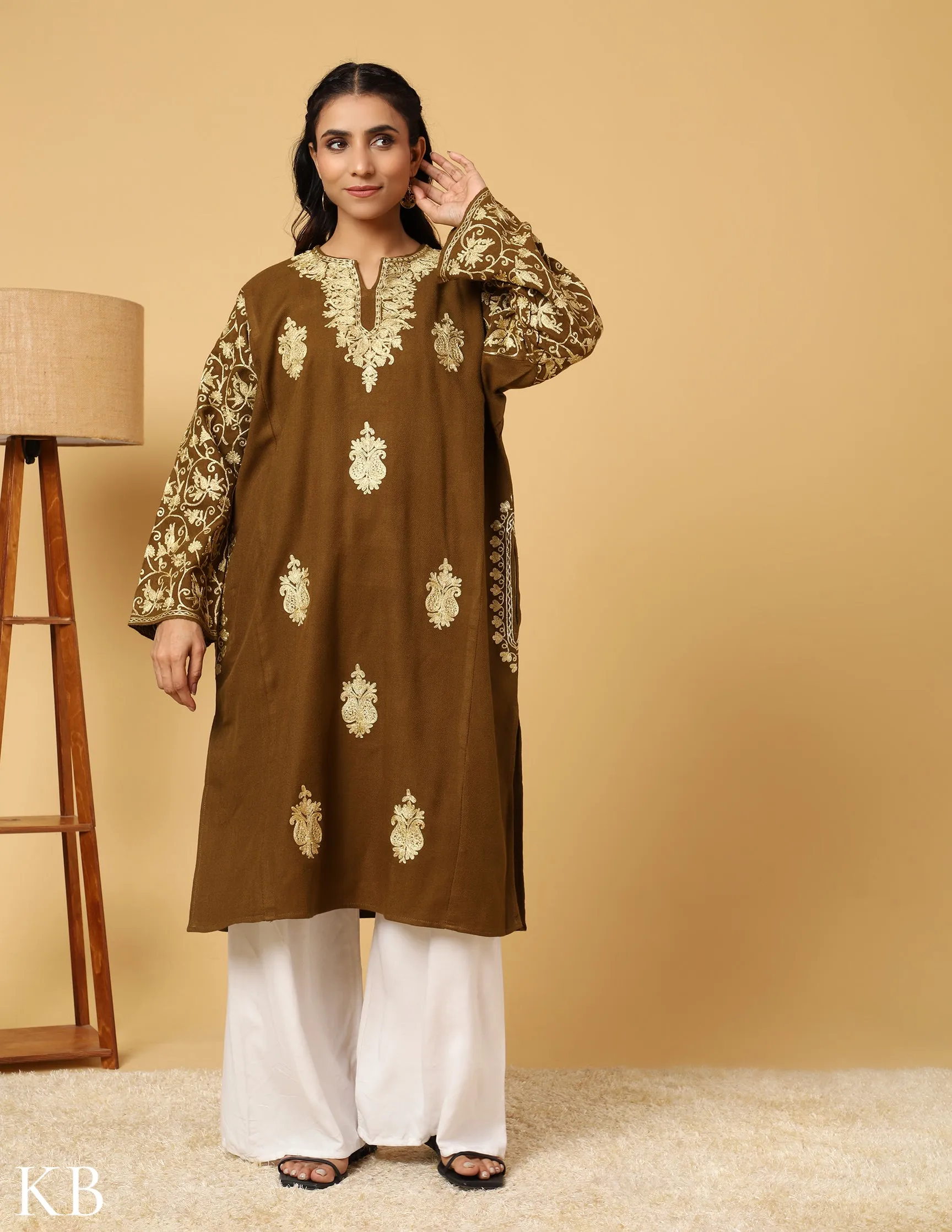 Walnut Whimsy Zari Embroidered Cashmilon Phiran