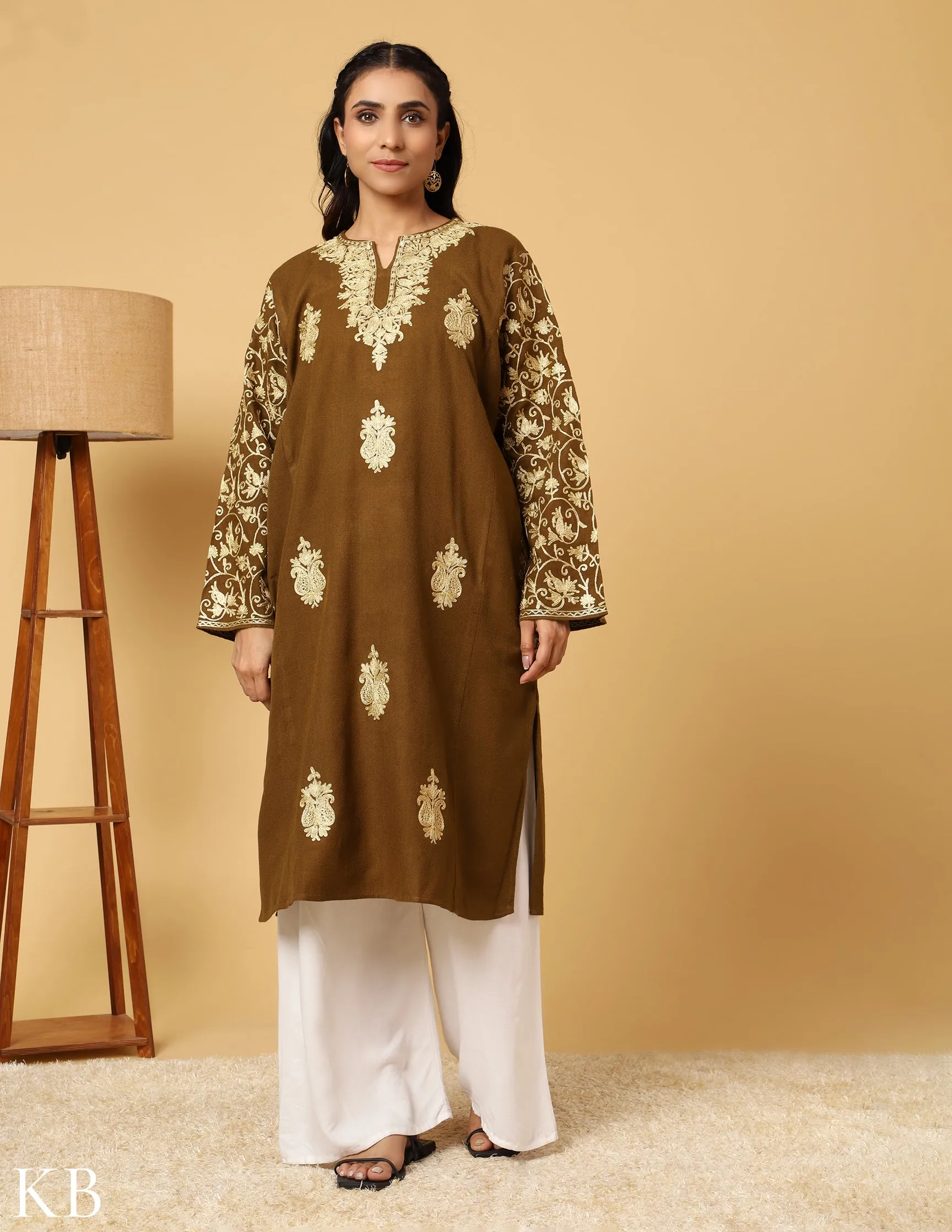 Walnut Whimsy Zari Embroidered Cashmilon Phiran