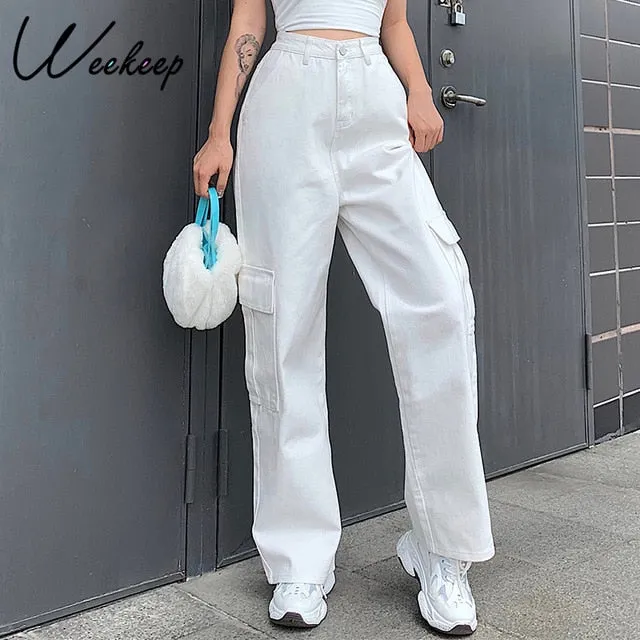 Weekeep Pockets Patchwork High Waist Jeans Women Streetwear Straight Jean Femme Blue 100% Cotton Cargo Pants