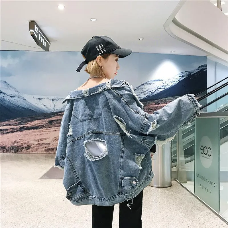 Wenkouban Loose Women Denim Jacket Vintage Harajuku Jeans Jacket Female Casual Fashion Turn-Down Collar Single-Breasted Oversized Coat