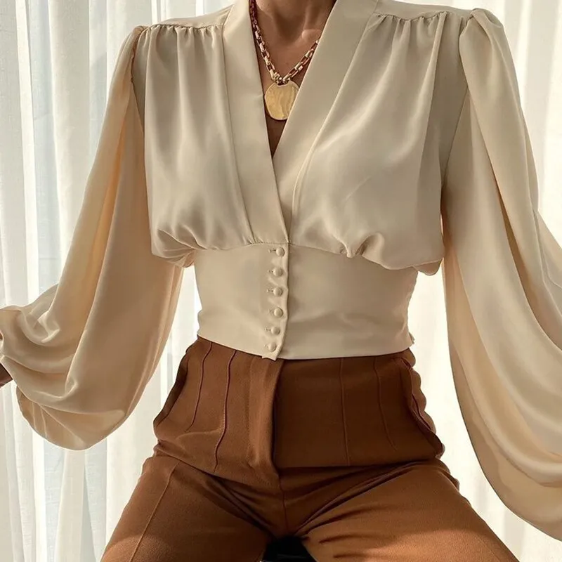 Wenkouban New Women Solid Chiffon Button Shirt Blouses For Women Puff Long Sleeve Tops Women  V Neck Clothing 2022 Female Button Up Shirt