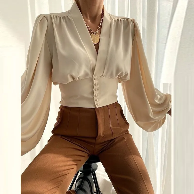 Wenkouban New Women Solid Chiffon Button Shirt Blouses For Women Puff Long Sleeve Tops Women  V Neck Clothing 2022 Female Button Up Shirt