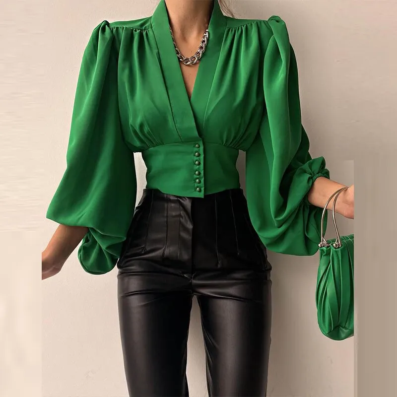 Wenkouban New Women Solid Chiffon Button Shirt Blouses For Women Puff Long Sleeve Tops Women  V Neck Clothing 2022 Female Button Up Shirt