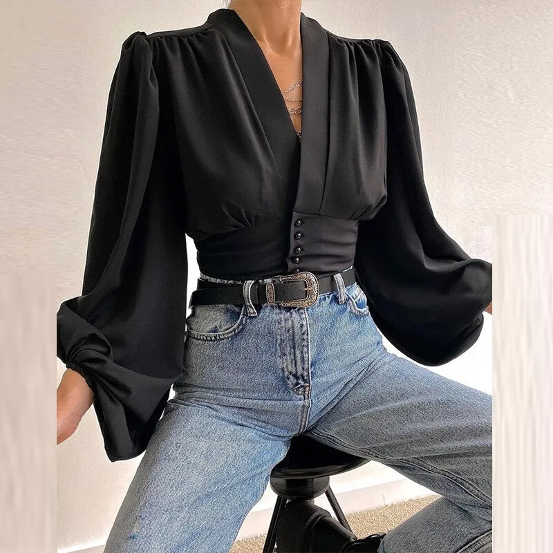 Wenkouban New Women Solid Chiffon Button Shirt Blouses For Women Puff Long Sleeve Tops Women  V Neck Clothing 2022 Female Button Up Shirt