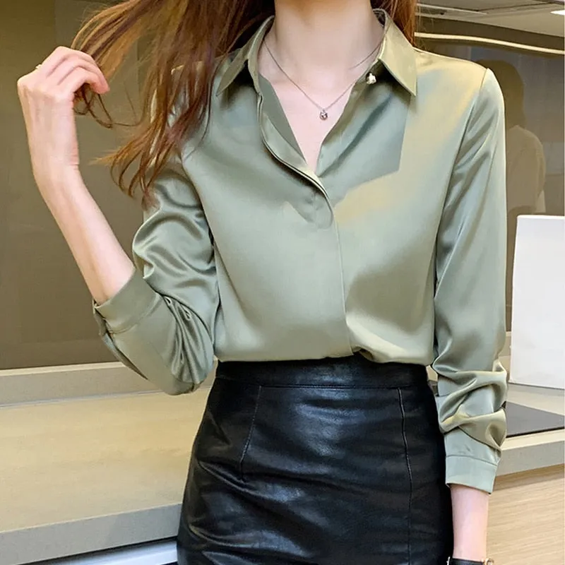 Wenkouban Office Lady Silk Women Shirt Blouse Tops Button Shirts Female Long Sleeve Satin Blouses For Women Clothing Chemise Femme 17276