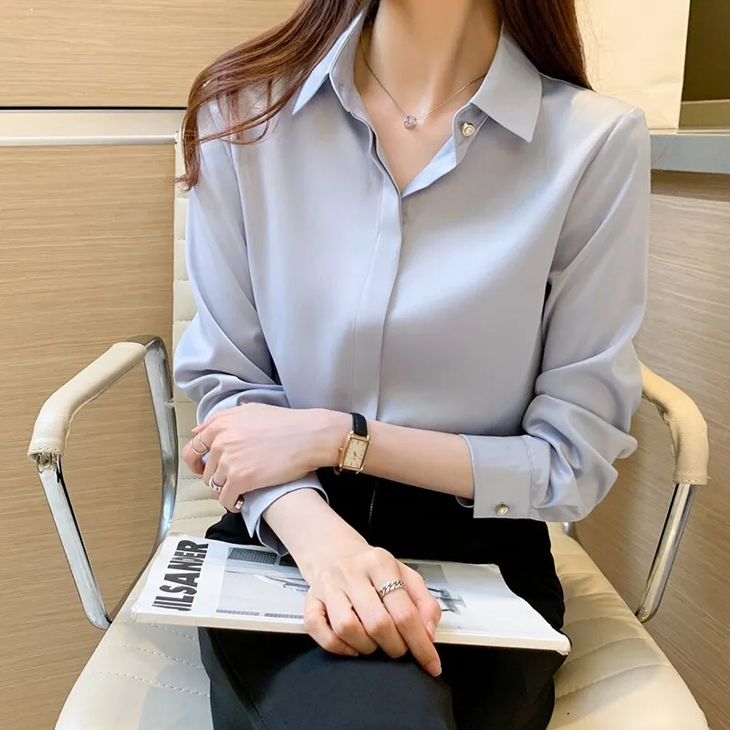 Wenkouban Office Lady Silk Women Shirt Blouse Tops Button Shirts Female Long Sleeve Satin Blouses For Women Clothing Chemise Femme 17276