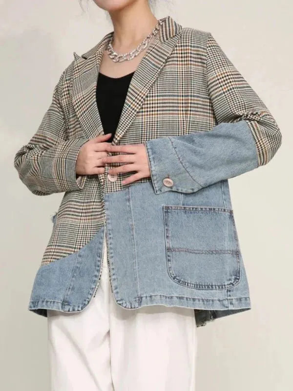 Wenkouban-Winter outfits Christmas Black Friday Blue Denim Patchwork Plaid Blazer Jacket