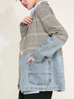 Wenkouban-Winter outfits Christmas Black Friday Blue Denim Patchwork Plaid Blazer Jacket