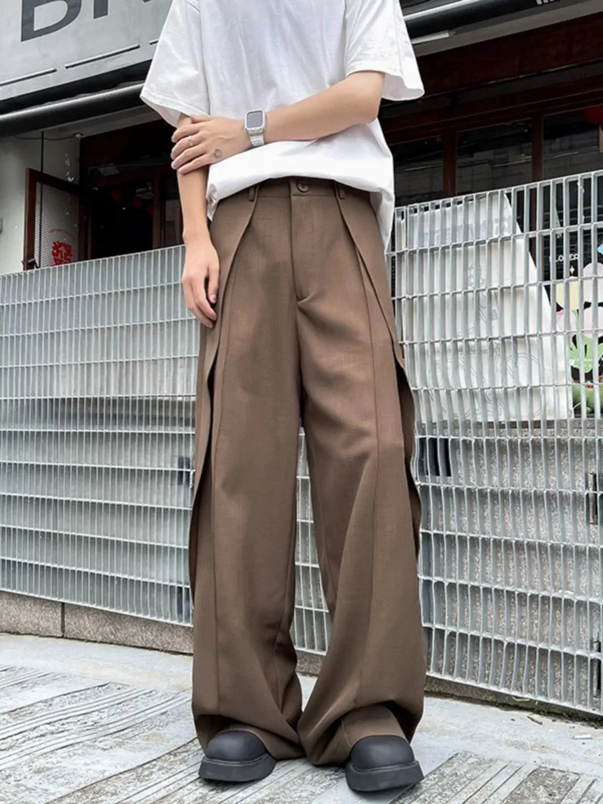 Wiaofellas  -  Deconstructed spliced casual suit pants men vibe American trend loose leg pants summer design draping sexy slightly flared pants