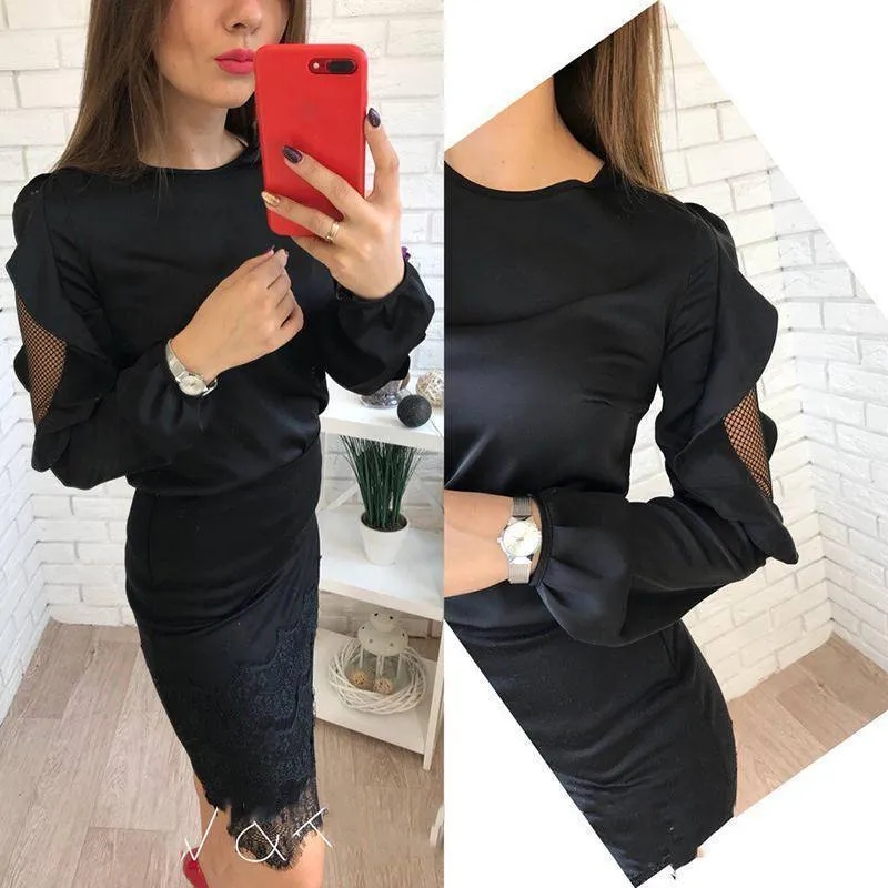 Women New Fashion Chiffon Tops OL style O-Neck Long Sleeves Lantern Sleeve ShirtsMesh Patchwork Blouses (US 4-16)