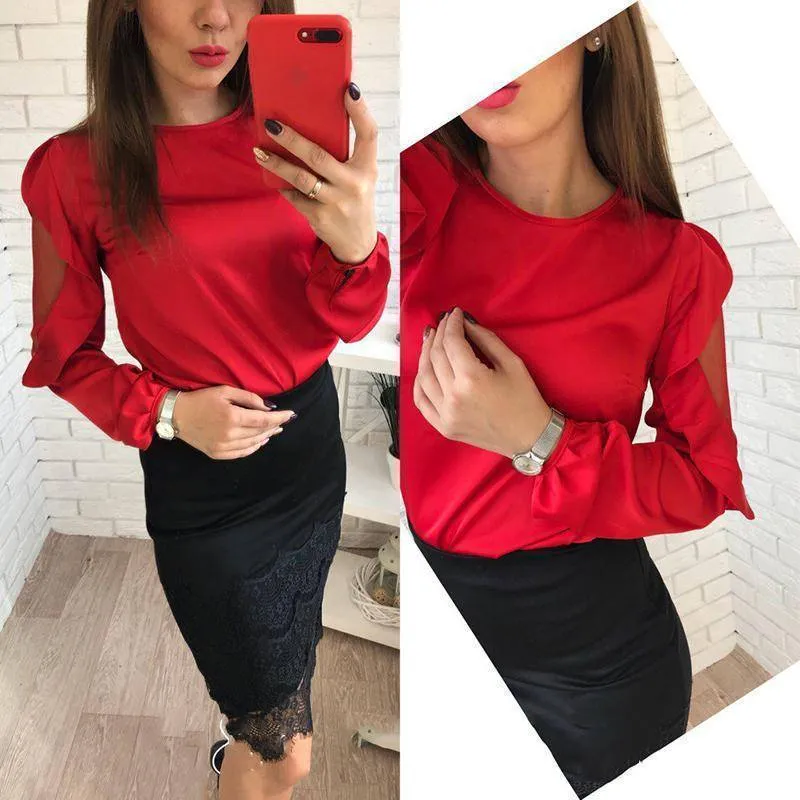 Women New Fashion Chiffon Tops OL style O-Neck Long Sleeves Lantern Sleeve ShirtsMesh Patchwork Blouses (US 4-16)