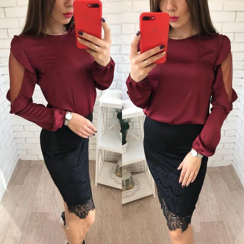 Women New Fashion Chiffon Tops OL style O-Neck Long Sleeves Lantern Sleeve ShirtsMesh Patchwork Blouses (US 4-16)