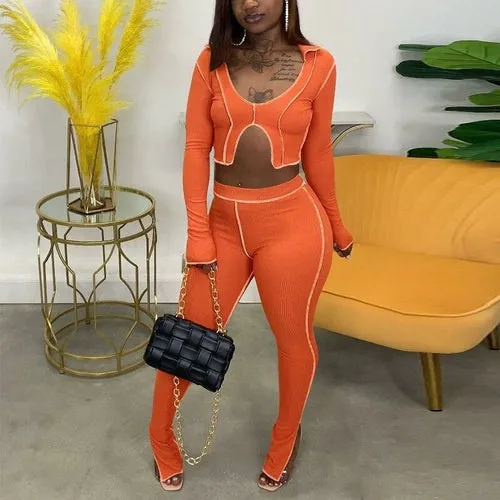 Women Two Piece Chic Suits Long Sleeve V Neck Crop Top & Skinny Pants