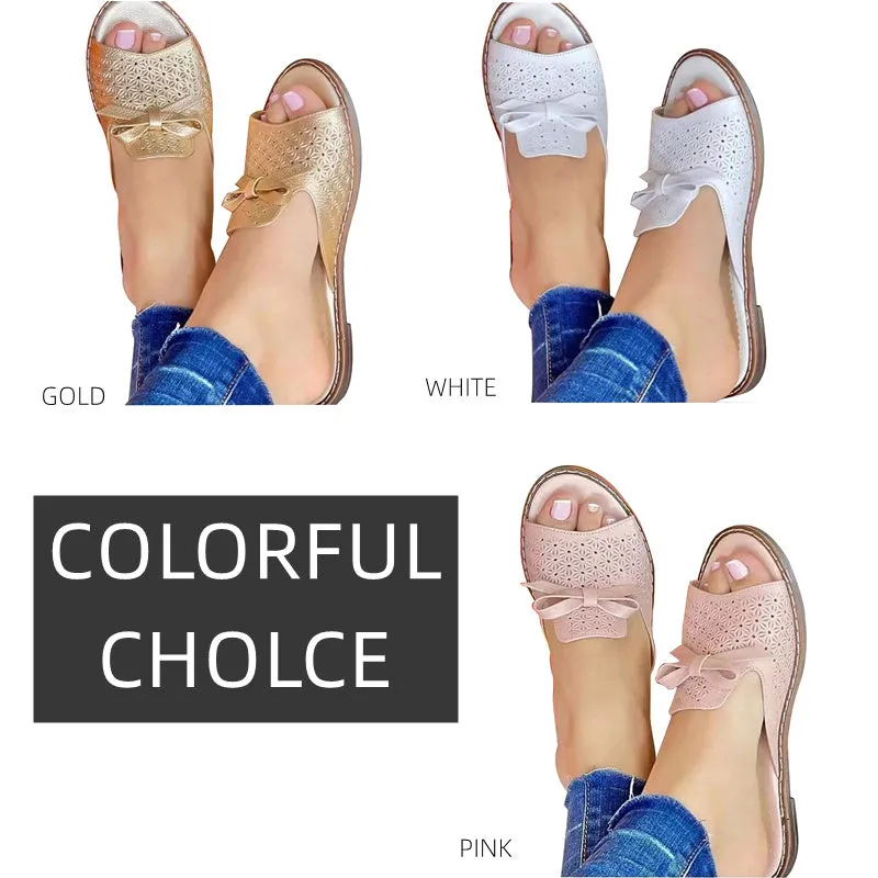 Women's Comfortable Hollow Bow Open Toe Flat Sandals