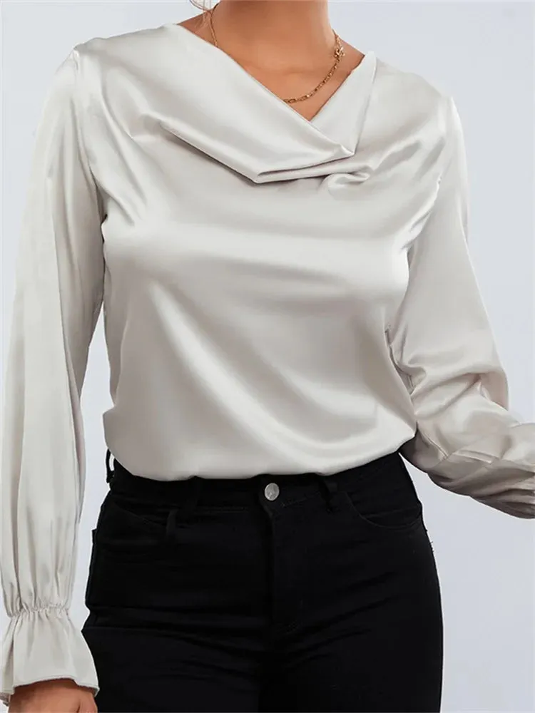 Women's Elegant OL Long Sleeve Solid Color Ruched Low Cut Neck Formal Party Tops Blouse